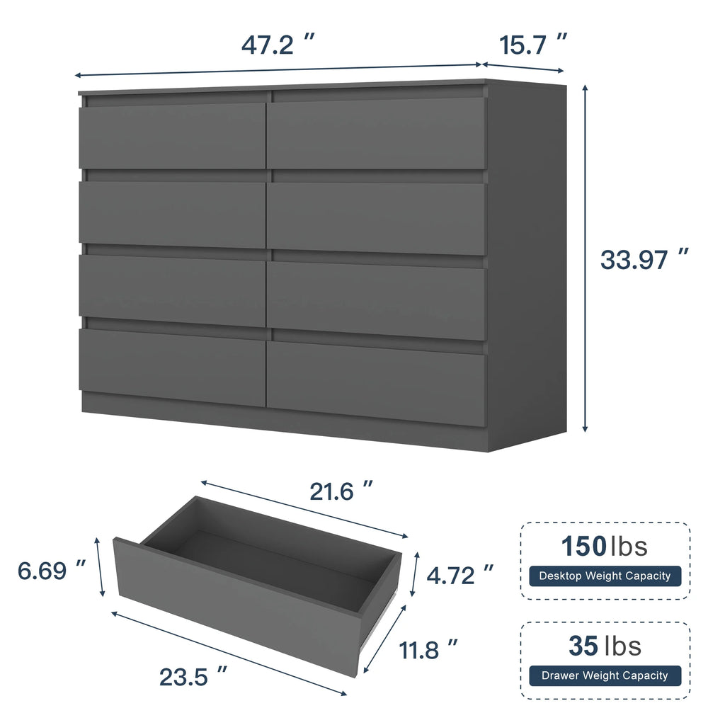 Resenkos Modern Mid Century 6 Drawer Wide Dressers Chests for Bedroom, Chest of Drawer Organizer Grey