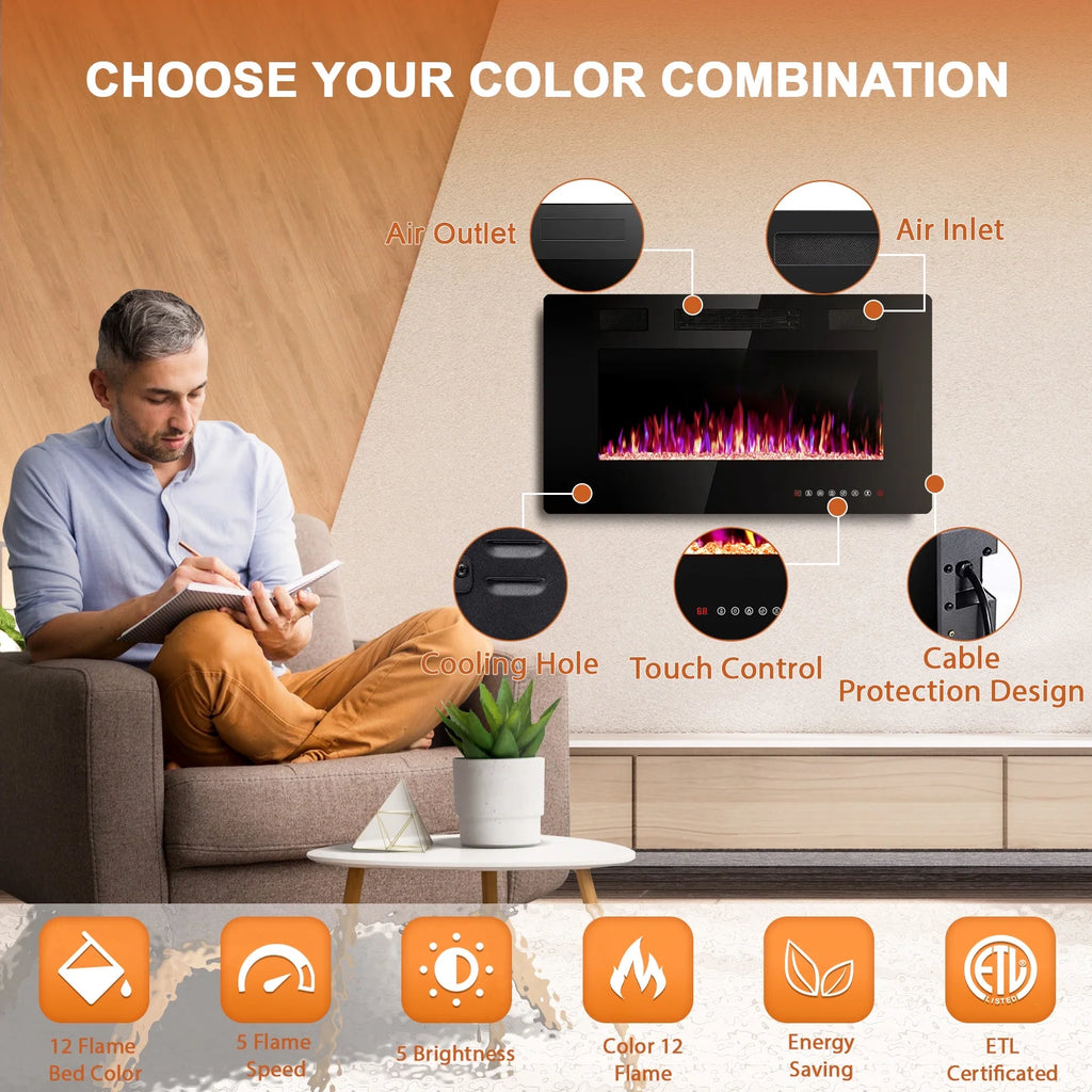 KISSAIR 60�� Indoor Electric Fireplace Ultra Thin Fireplace, Wall Mounted Recessed Fireplace with Multiple Colors