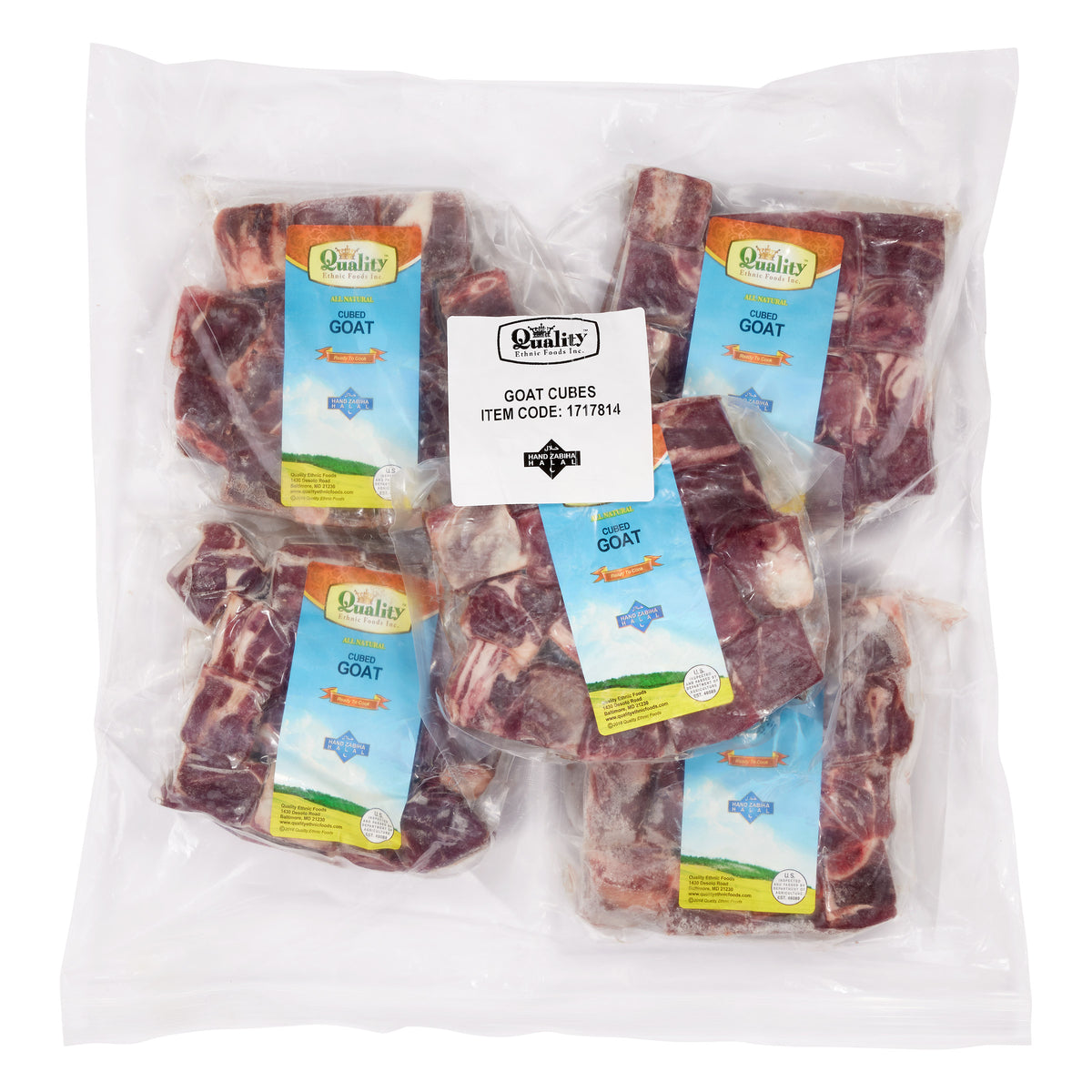 Quality Ethnic Foods Halal Goat Cubes, (5/2.2 Lbs. Per Bag), Total 5 Packs, Total 11 Lbs.