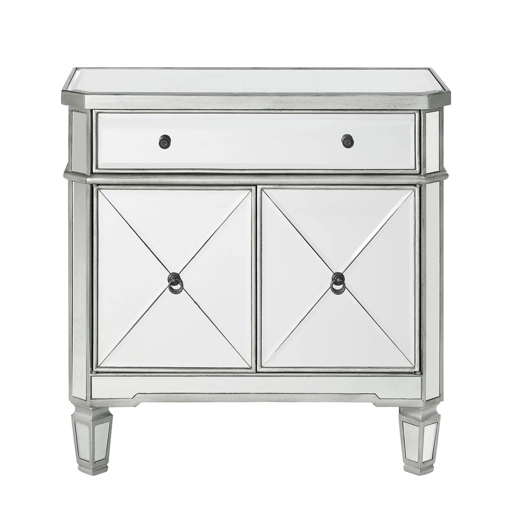 Powell Deville 2-Door Single Drawer Indoor Console Table with Shelves, Mirrored Surfaces and Luxe Silver Wood
