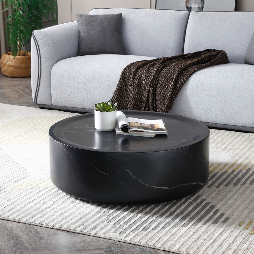 31.49'' Round Coffee Table with Marble Texture, Modern Low Drum Circle Fiberglass Coffee Table, Side Table Accent Table for Living Room, Outdoor, No Need Assembly, Marble