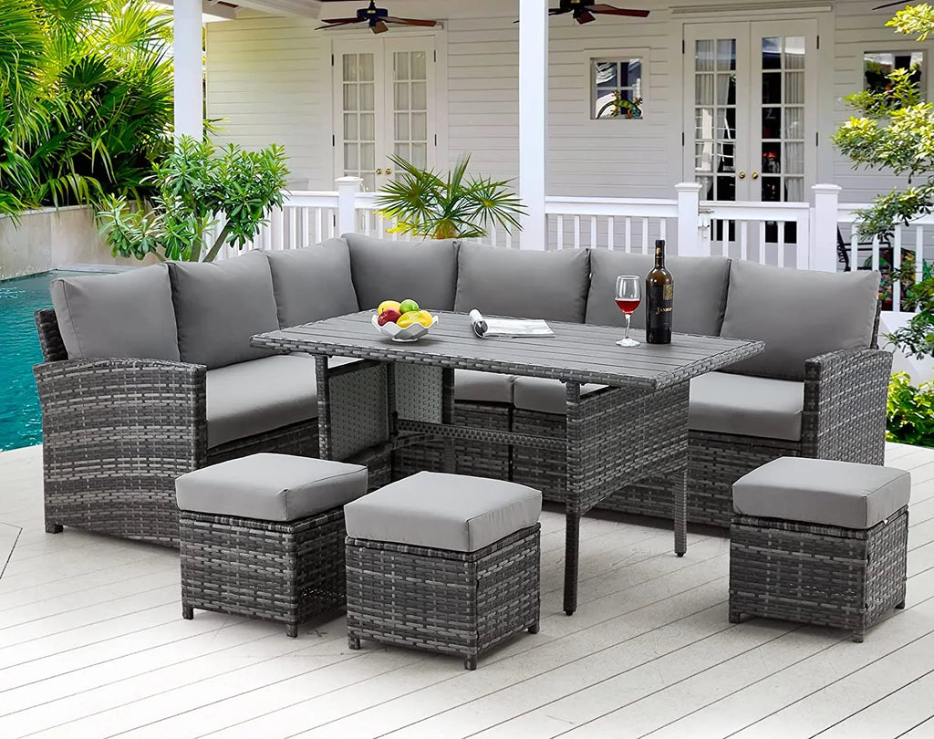 AECOJOY 7 Piece Patio Furniture Set PE Rattan Outdoor Dining Set Sectional Sofa Couch with Table Patio Conversation Set in Gray