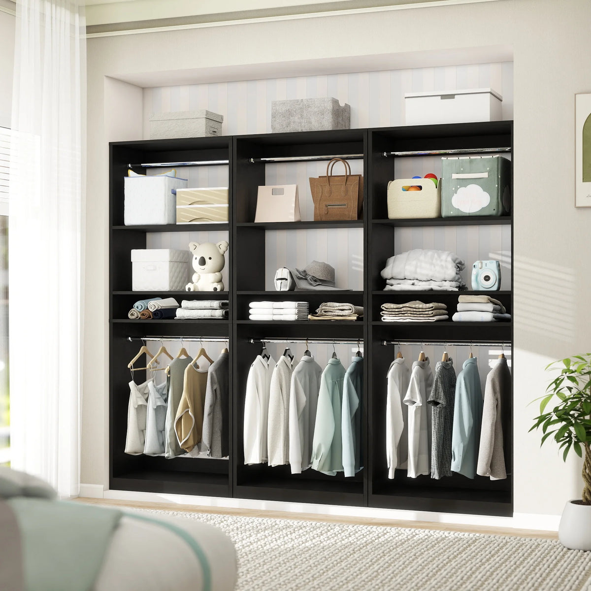Homieasy 25�?Closet System, Freestanding Closet Organizer Wardrobe with Hanging Rods and Shelves, Adjustable Clothes Garment Rack, Sturdy Walk in Closet Tower, White