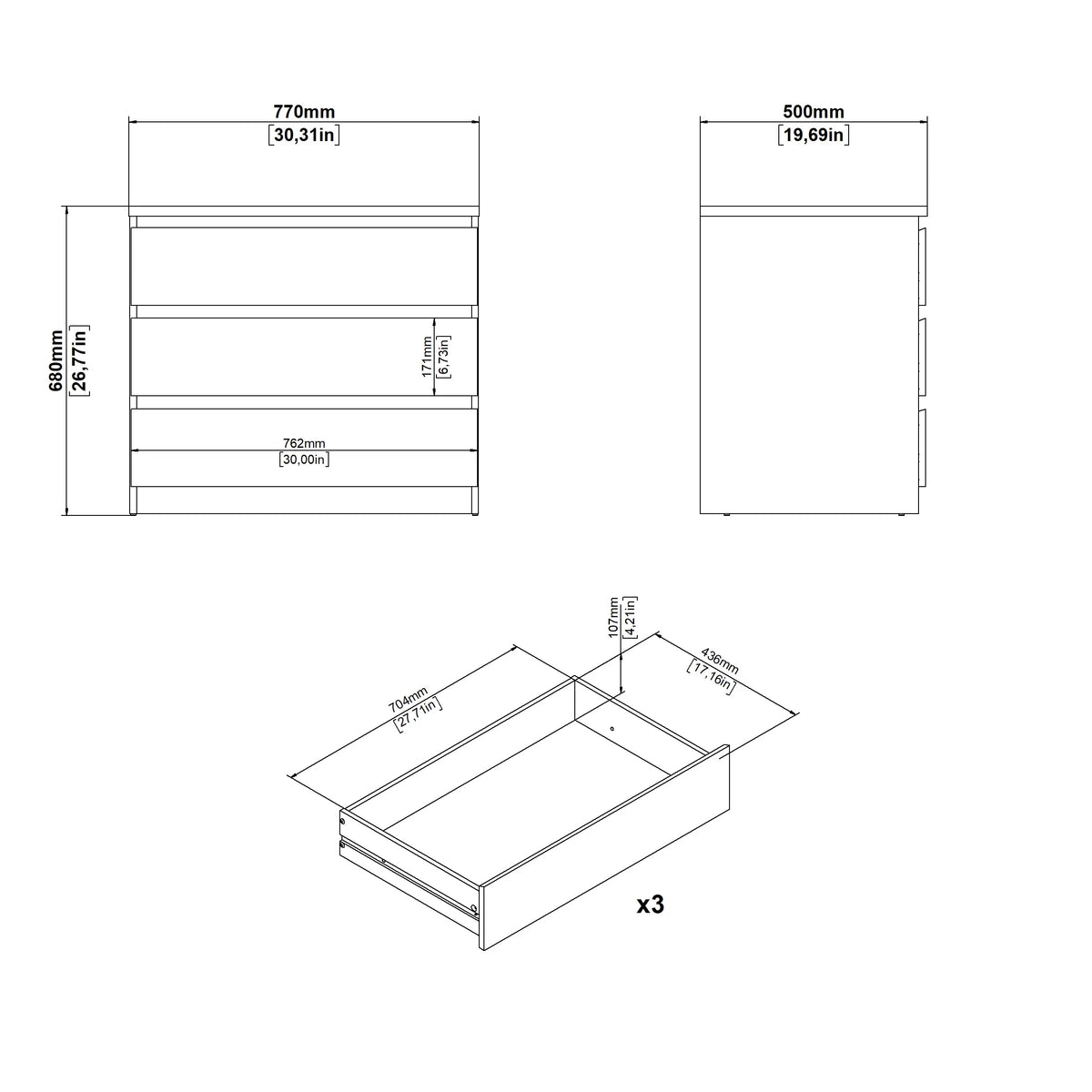 Tvilum Scottsdale 3 Drawer Chest Dresser for Adults, White High Gloss