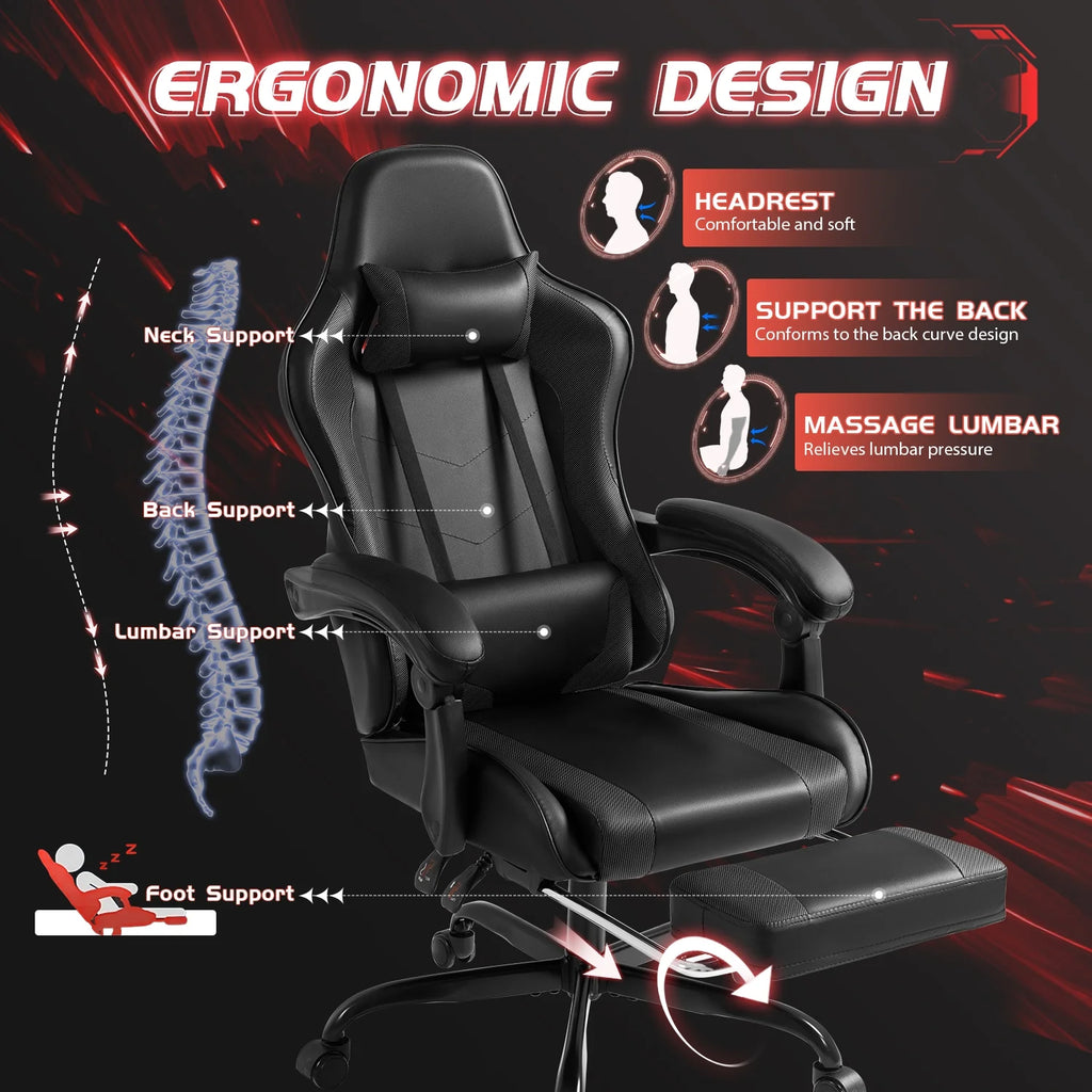Lacoo PU Leather Gaming Chair Massage Ergonomic Gamer Chair Height Adjustable Computer Chair with Footrest & Lumbar Support, White