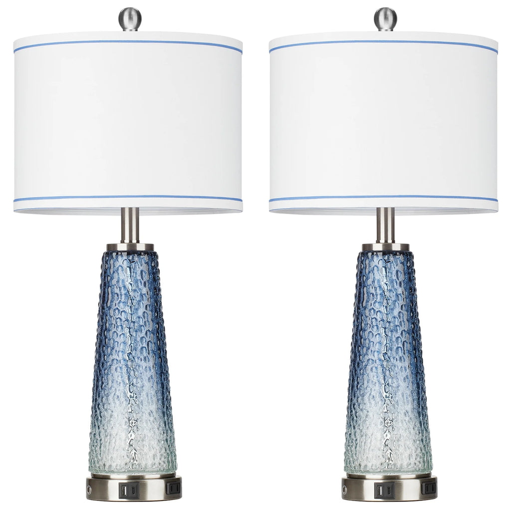 Cinkeda Modern Table Lamp Set of 2 for Bedroom Living Room with USB A+C Ports AC Outlet Gradient Grey Glass Nightlight Nightstand Bedside Lamps