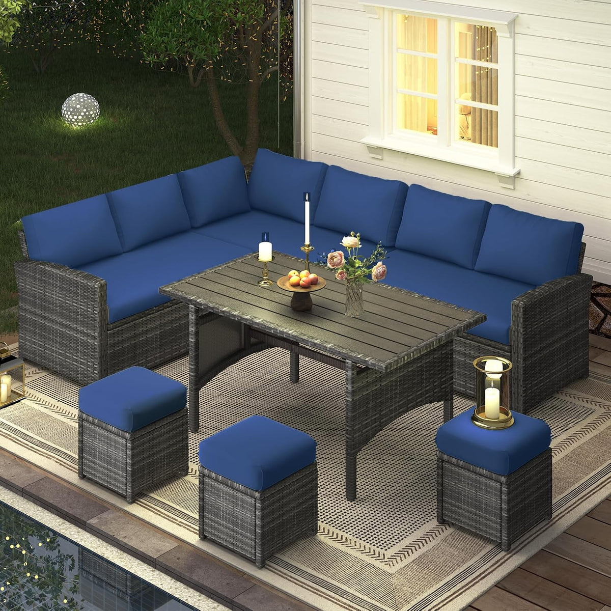 AECOJOY 7 Piece Patio Furniture Set PE Rattan Outdoor Dining Set Sectional Sofa Couch with Table Patio Conversation Set in Gray