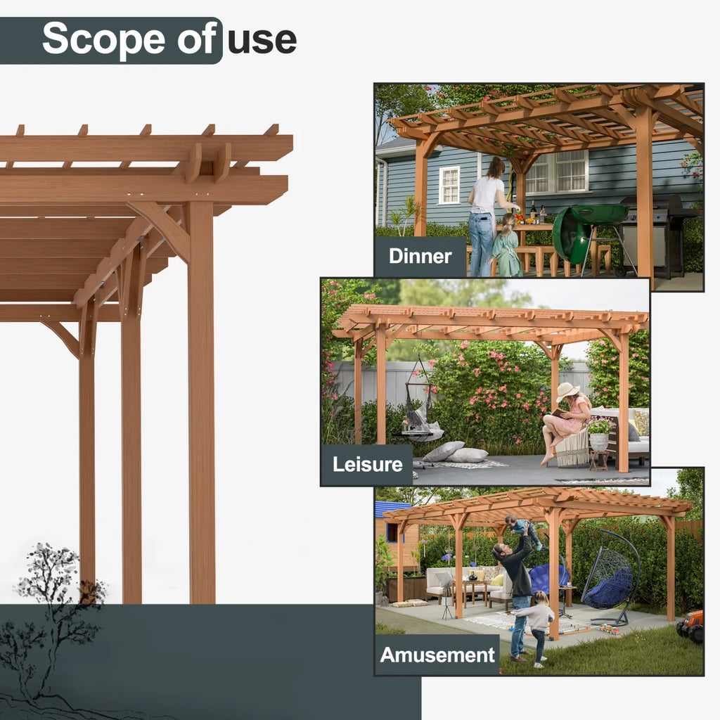 12 x 10 FT Outdoor Pergola, Wooden Pergola Gazebo with Climbing Plant Support and Waterproof, for Patio Porch Garden Backyard, Brown