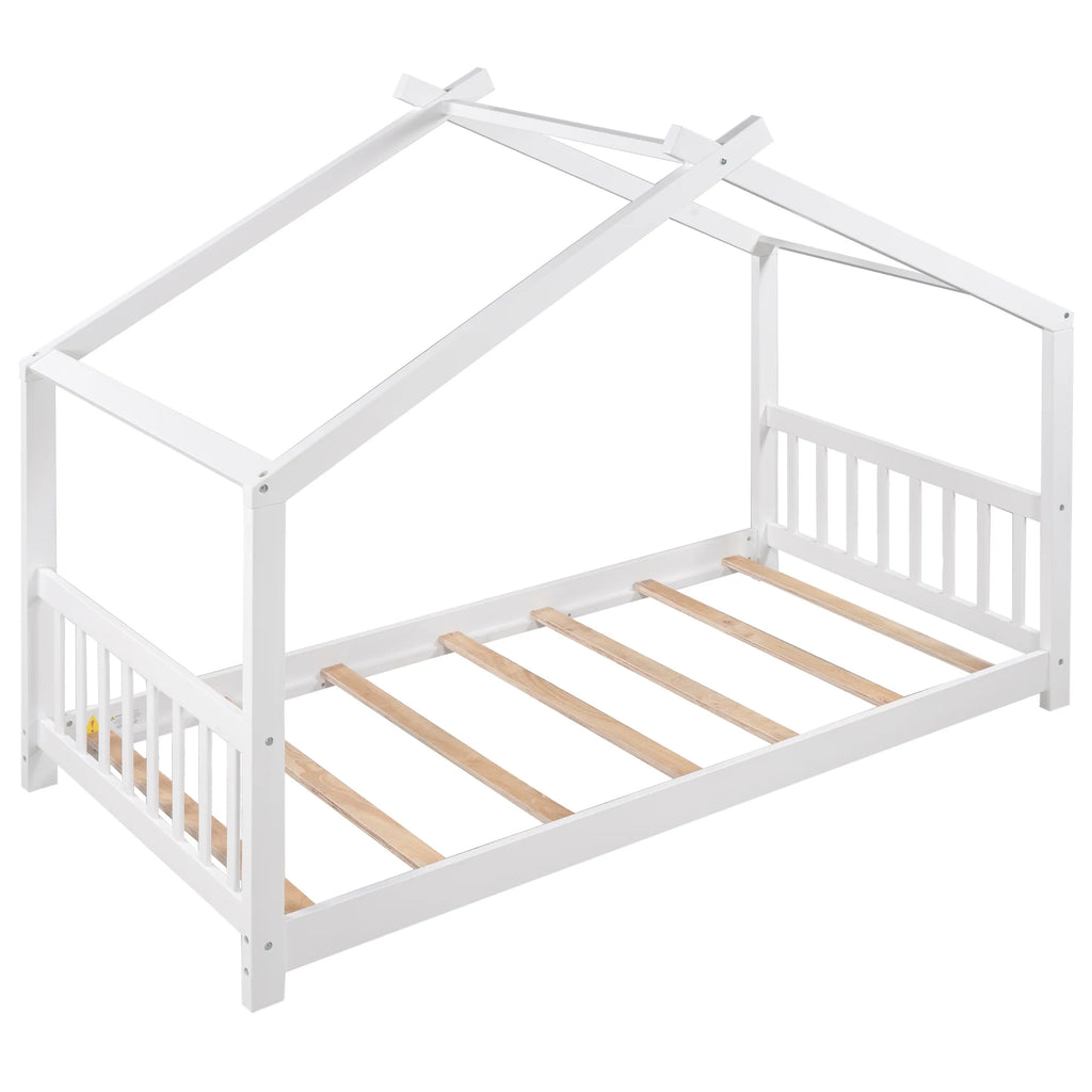 Euroco Wood House-Shaped Twin Platform Bed for Kids, Low Profile House Bed, No Box Spring Needed, Wood Color