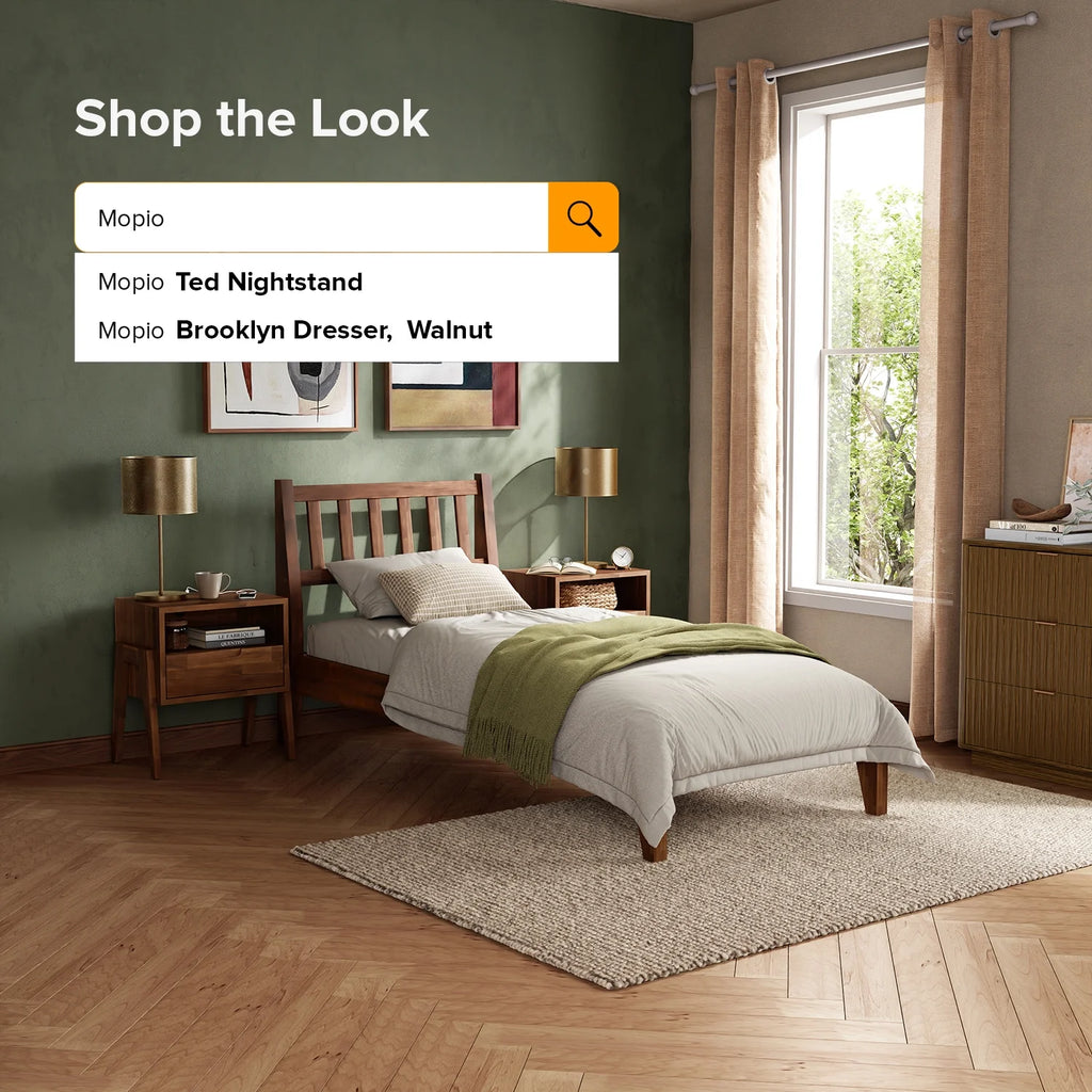 Mopio Ted Queen Bed Frame with Headboard, Full Size Bed Frame, Mid Century Modern Acacia Solid Wood Platform Bed Frame, Wooden Bed Slats, No Box Spring Needed, Double Metal Bar Support, Walnut