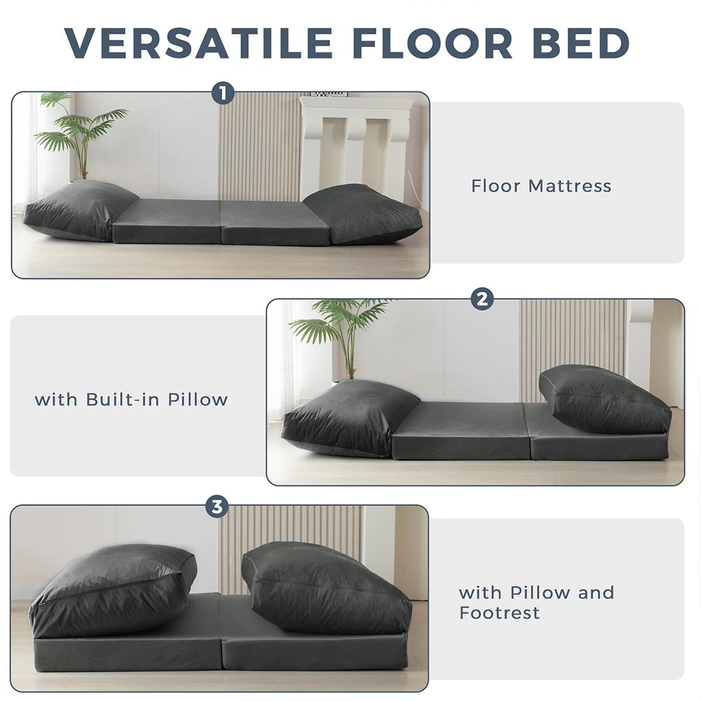 Folding Sofa Bed,Extra Thick and Long Fluffy 4 Position Convertible Flip Lounge Chair,Foam Filling Folding Matress Sofa Bean Bag with Washable Cover,Grey,39x95 Inch