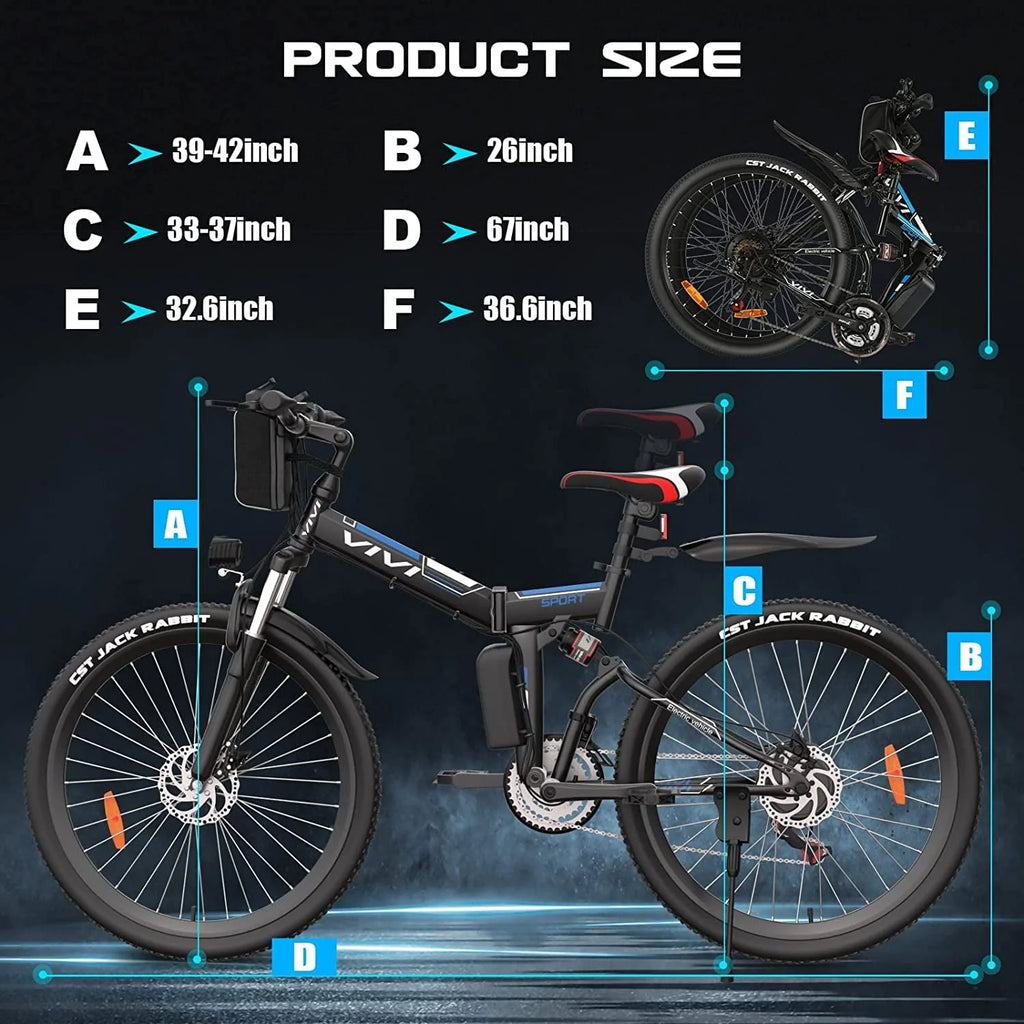 Vivi Electric Bike for Adults 26" Folding Electric Bike 500W Electric Mountain Bike 20MPH Full Suspension Electric Bike  with Cruise Control Up to 50 Miles