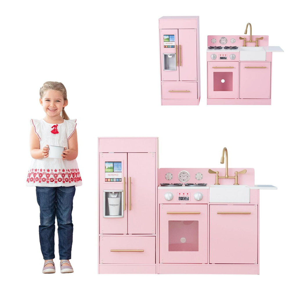 Teamson Kids Little Chef Charlotte Wooden Play Kitchen Set for Toddlers. Pretend Cooking Playset with Stove. Sink &amp; Fridge. Pink/Gold