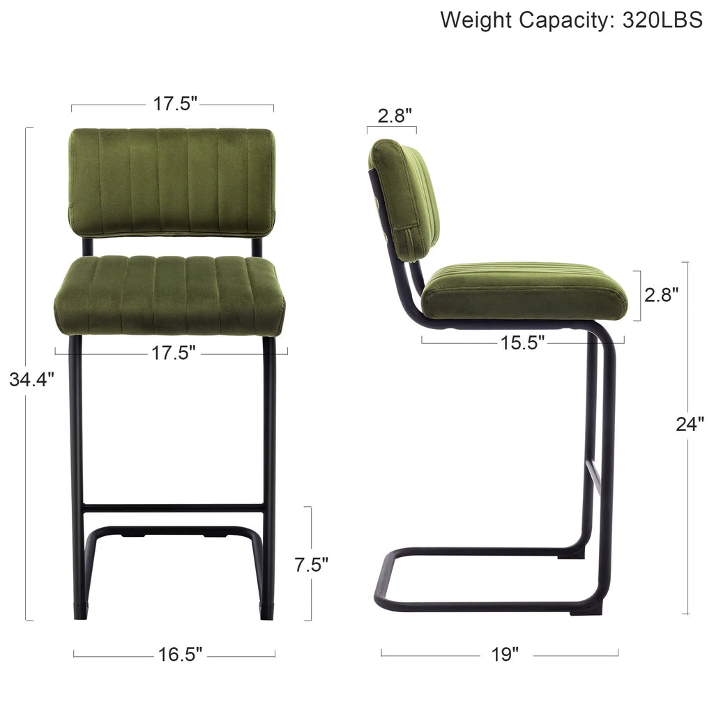 Zesthouse 24" Velvet Counter Stools Set of 2, Modern Counter Height Bar Stools with Back and Black Metal Base, Green