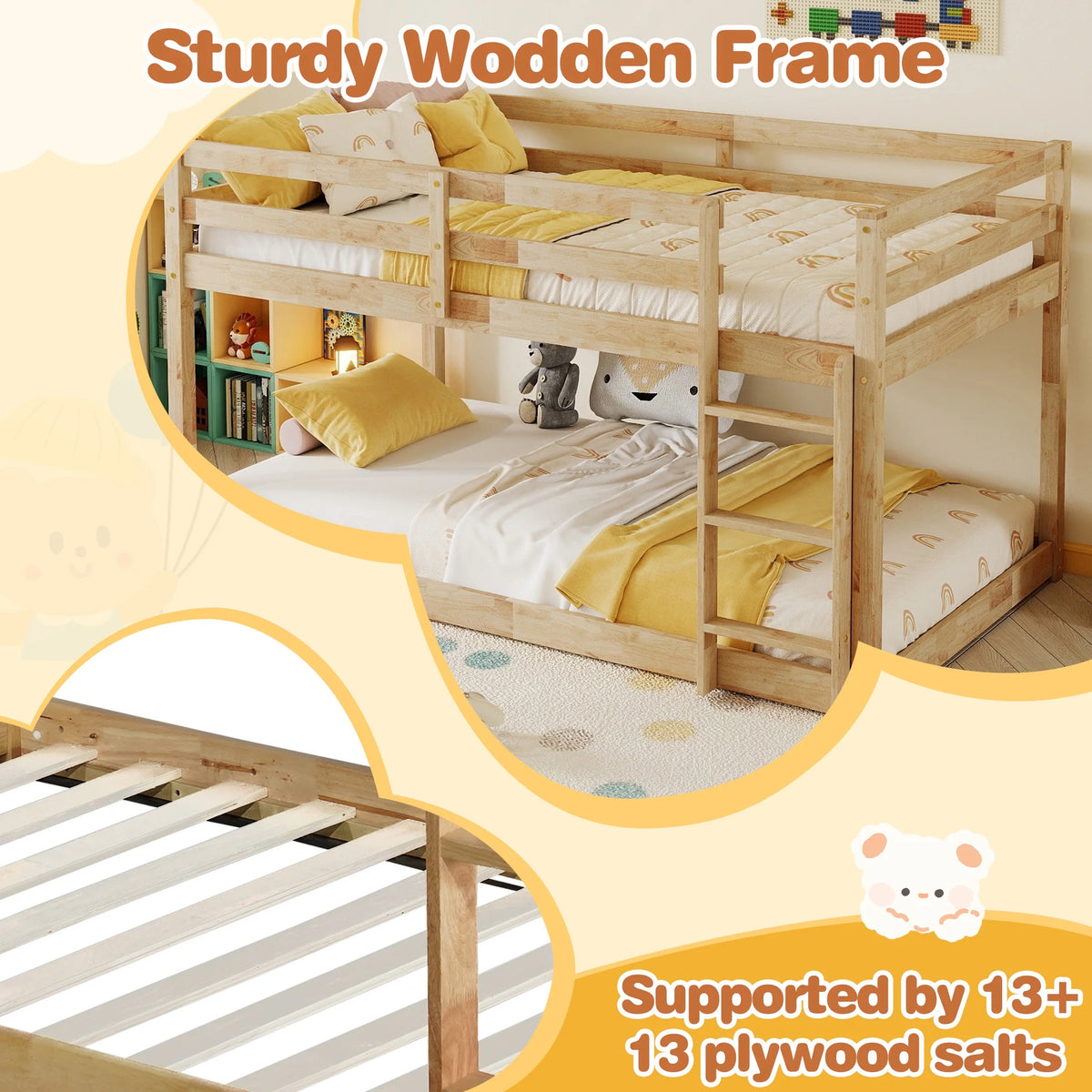 SESSLIFE Bunk Bed Twin Over Twin, Low Floor Bunk Bed with Guard Rails for Dorm, Small Space, No Box Spring Needed(White)