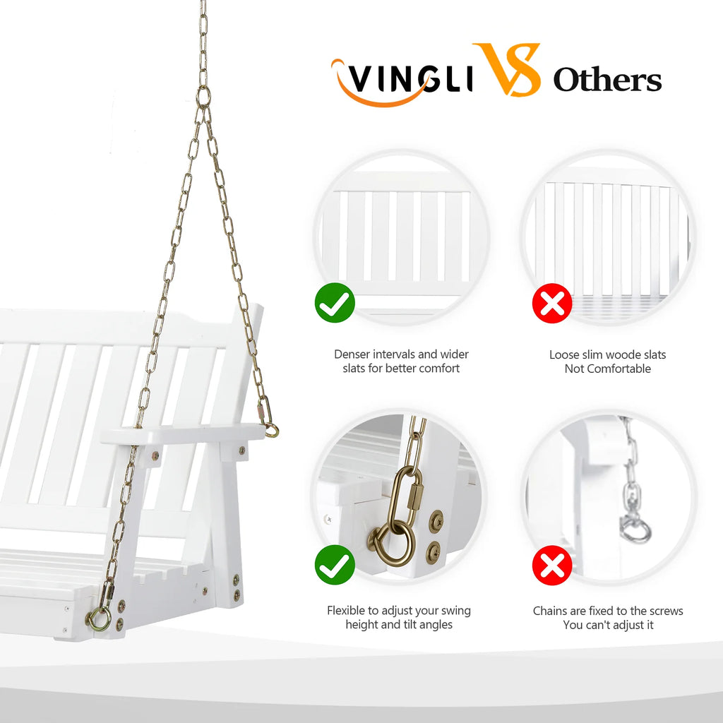 VINGLI Heavy Duty 880 LBS 4 FT Patio Wooden Porch Swing with Upgraded Adjustable Chains, Rustic