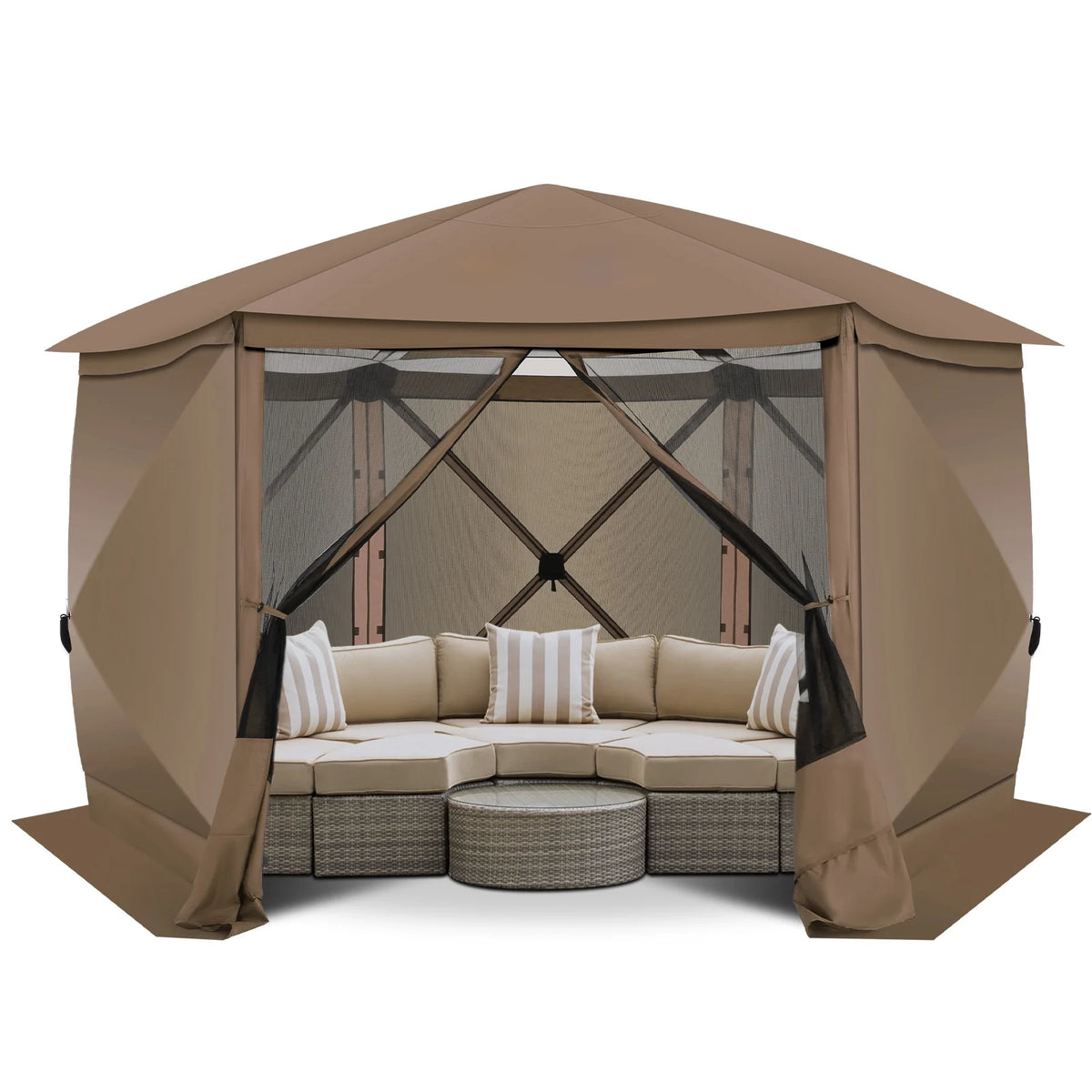 COBIZI 12'x12' Pop-up Gazebo Outdoor Camping Tent with 6 Sides Mosquito Netting, Waterproof, UV Resistant, Portable Screen House Room, Easy Set-up Party Tent with Carry bag, Ground Spike, Brown