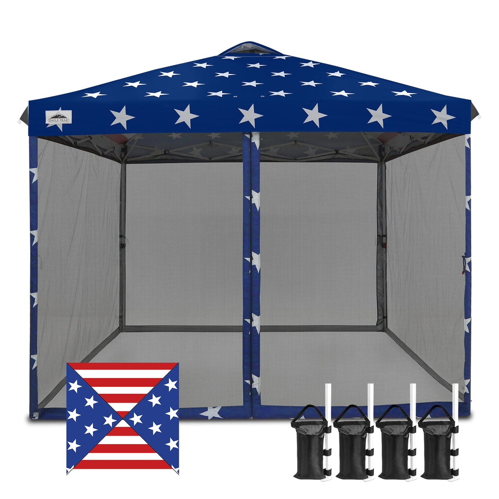 EAGLE PEAK 10 x 10 Outdoor Easy Pop up Canopy with Netting, Instant Screen Party Tent with Mesh Side Walls, American Flag