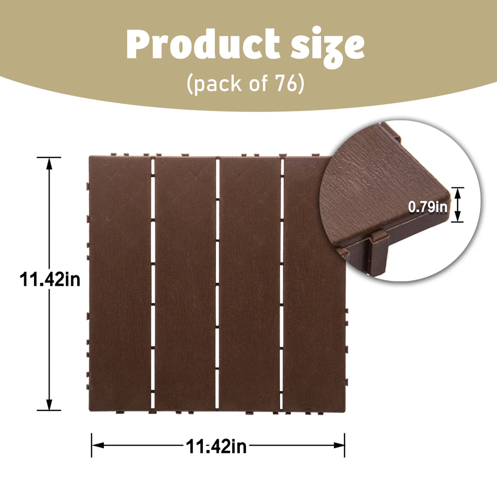 76 Pack Interlocking Deck Tiles, 11.42"x11.42", Polypropylene, Waterproof Outdoor Flooring, 3D Wood Grain Plastic, for Patio, Balcony, Backyard