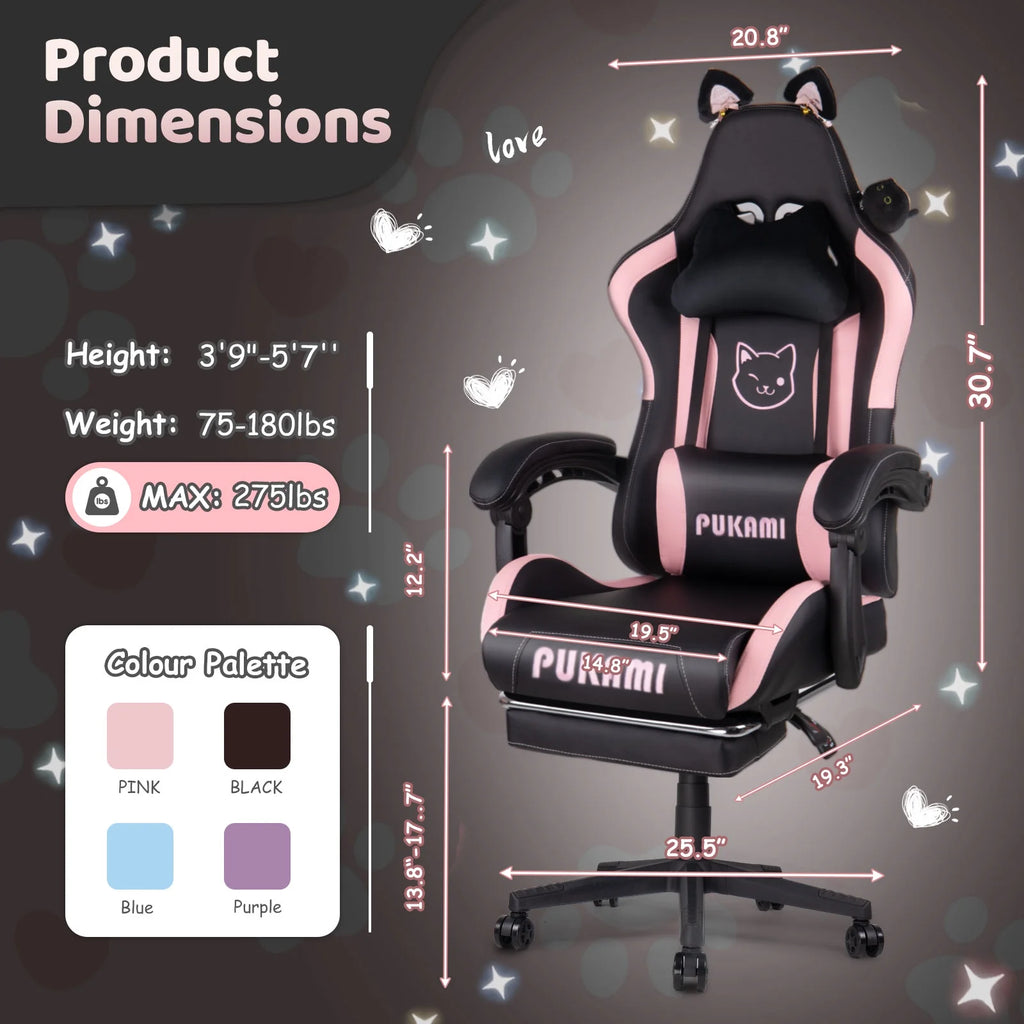 Waleaf Pink Gaming Chair with Cat Paw Lumbar Cushion and Cat Ears for Girls, Reclining Office Computer Chair with Footrest for Adults, Teens