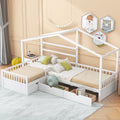 Bellemave House Bed Double Twin Beds, Wood L-Shape Twin Bed with 3 Storage Drawers, Montessori Bed with Roof and Fencefor Toddler Kids Girls Boys (White)