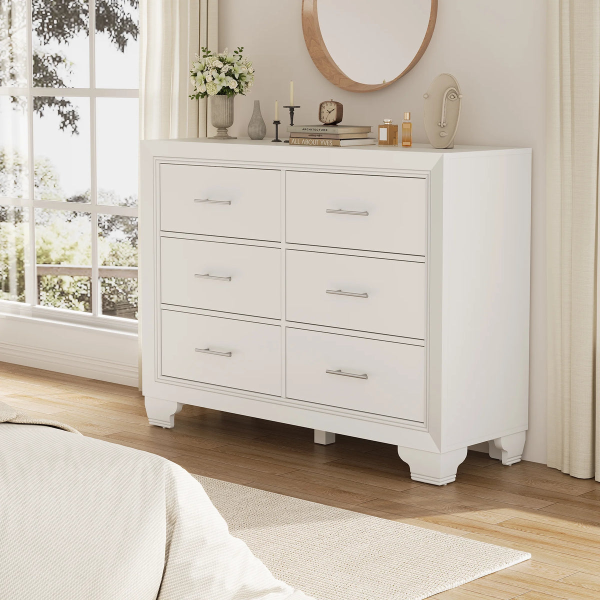 Homhougo White Dresser for Bedroom 6 Drawer, Wood Organizer Storage Cabinet with Gray Strip Drawer Door, Chest of Drawers for Closet, Living Room, Hallway, Nursery, Kids Bedroom