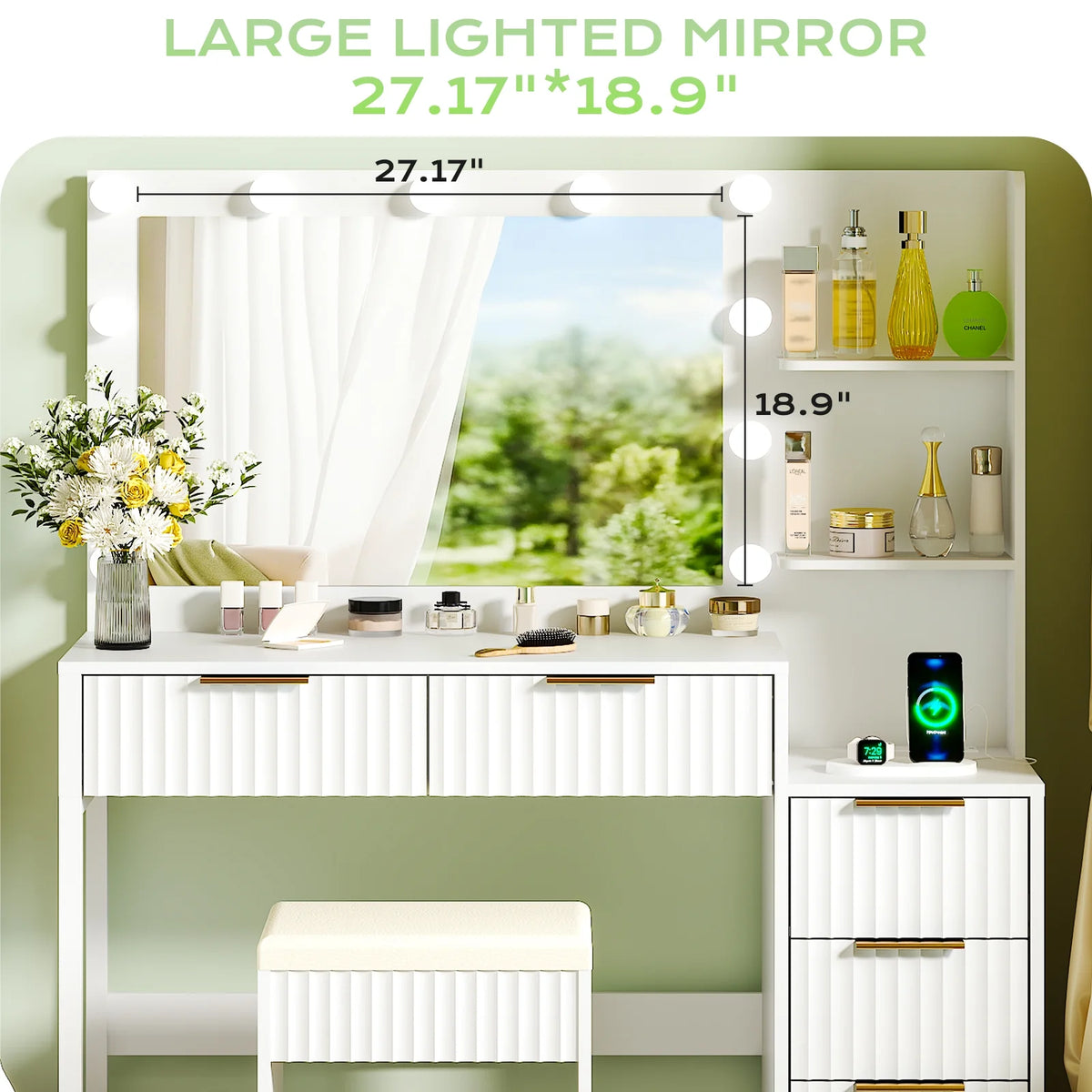 Ktaxon Flutted Makeup Vanity Table Set with 5 Drawer, Dressing Table w/Charging Station, Vanity Desk for Femal Gift, White