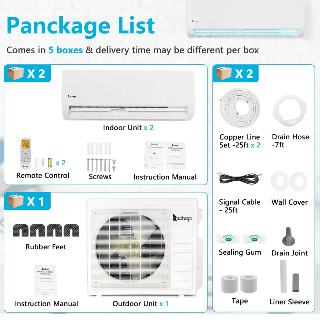 Ktaxon 2 Zone 9000 + 9000 BTU WIFI Mini Split AC/Heating System, 19 SEER2 Dual Zone 18000 BTU Ductless Split Air Conditioner with Pre-Charged Condenser, Heat Pump & 25Ft Installation Kit, 208-230V