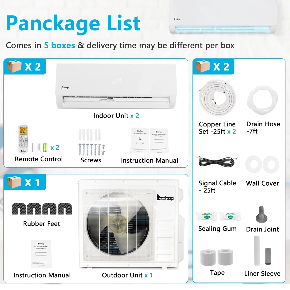Ktaxon 2 Zone 9000 + 9000 BTU WIFI Mini Split AC/Heating System, 19 SEER2 Dual Zone 18000 BTU Ductless Split Air Conditioner with Pre-Charged Condenser, Heat Pump & 25Ft Installation Kit, 208-230V