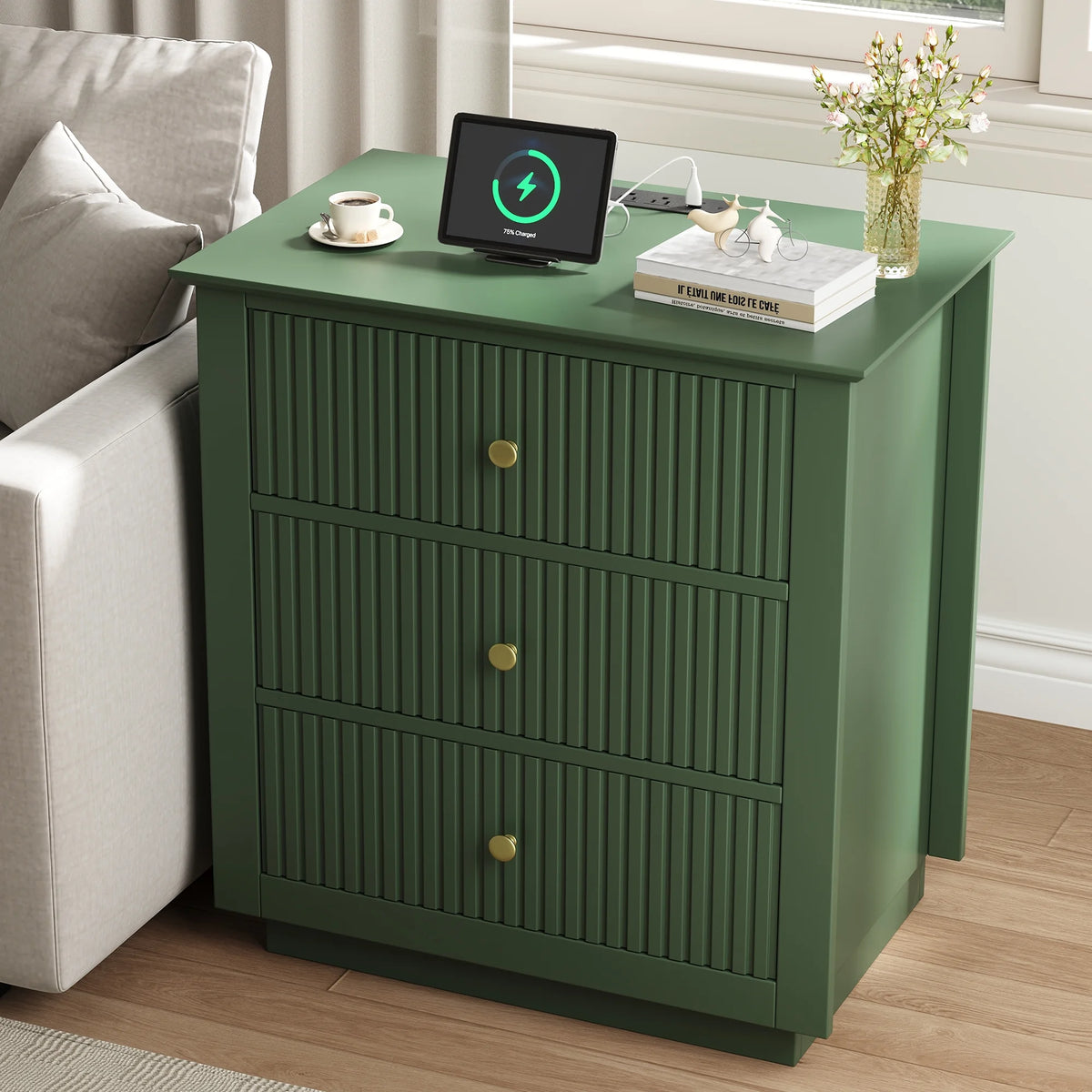 IDEALSOUL Nightstand Set of 2, 24" Wide End Table with Storage, Fluted Nightstand with USB Charging Station, Large 3 Drawers nightstand for Bedroom Living Room(2pc, White)