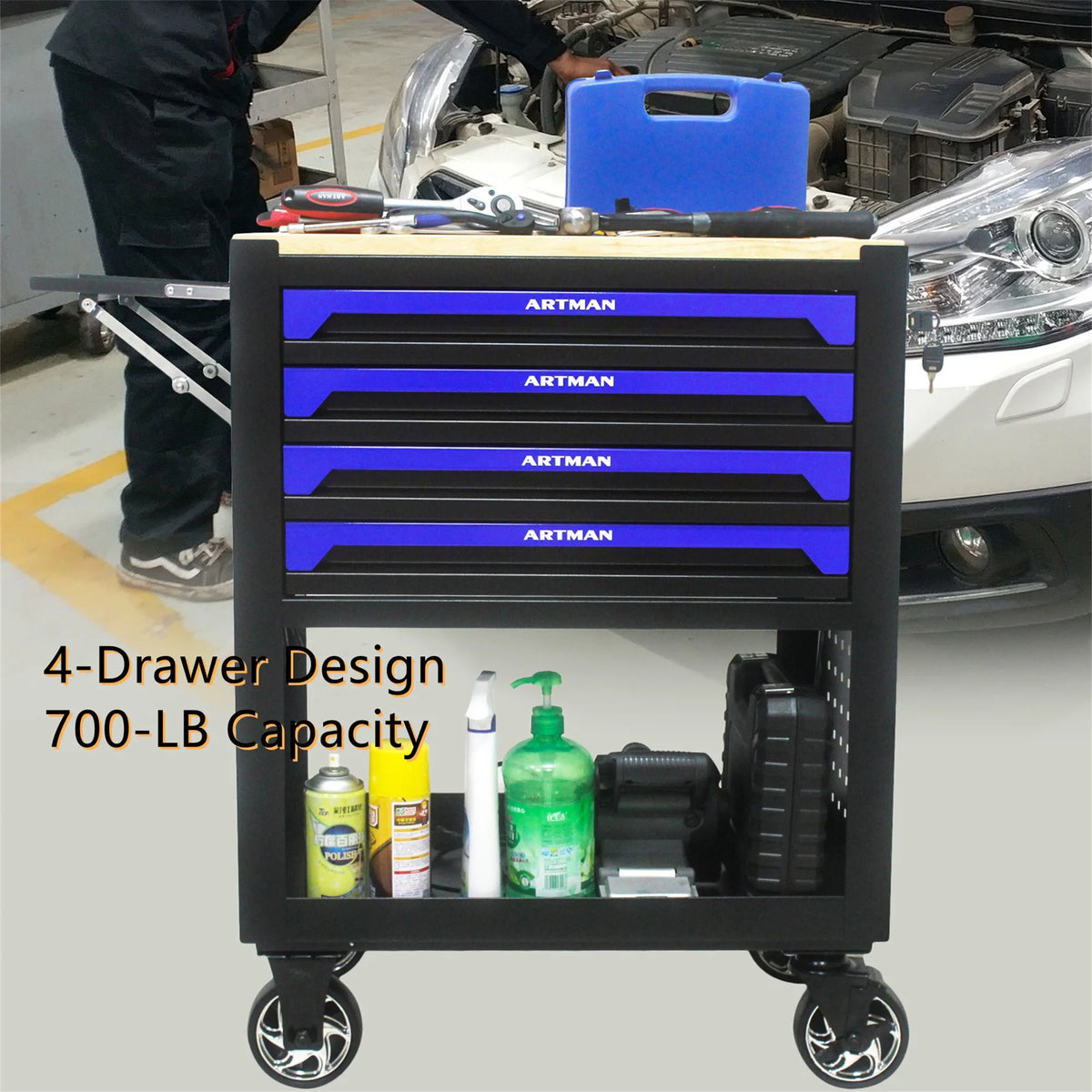 Aukfa 30 inch Mechanic's Tool Cart, 700 LB Capacity 4-Drawer Tool Chest on Wheels for Garage, Black