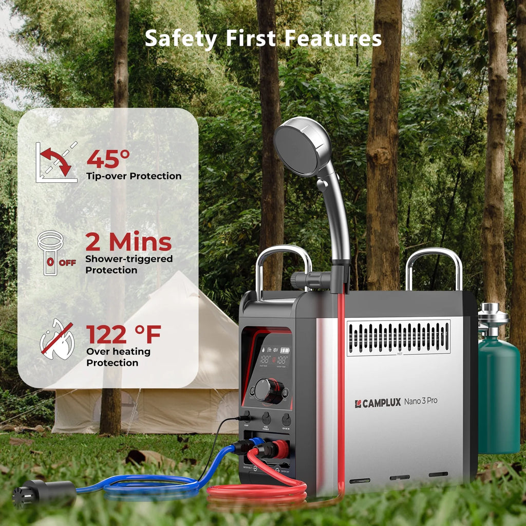 CAMPLUX Nano 3 Pro Portable Propane Water Heater with Battery, Instant Hot Water for Camping and Outdoor Use