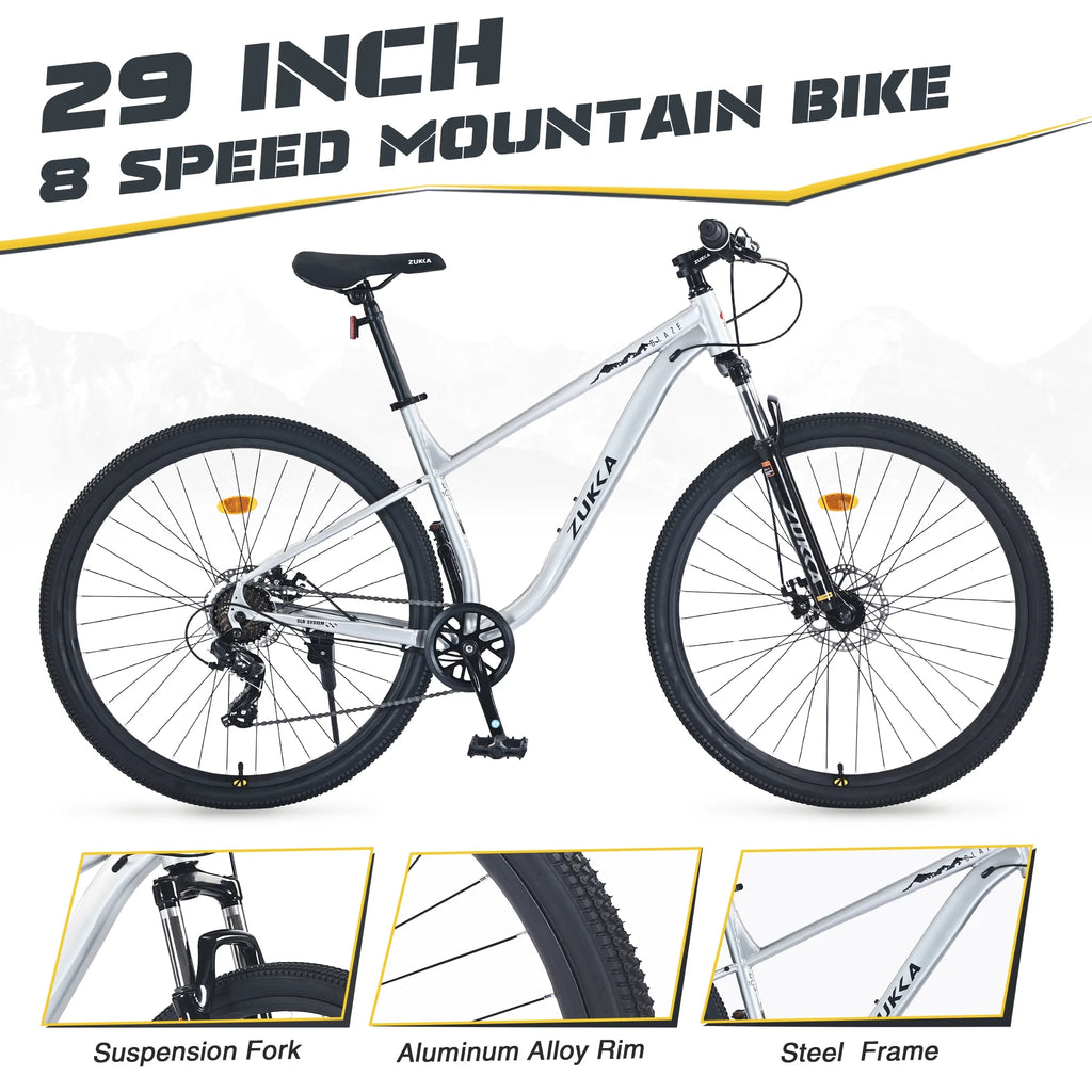 29" Mountain Bike 8 Speed Steel Frame City Bicycle with Front Suspension for Men Women, Gray