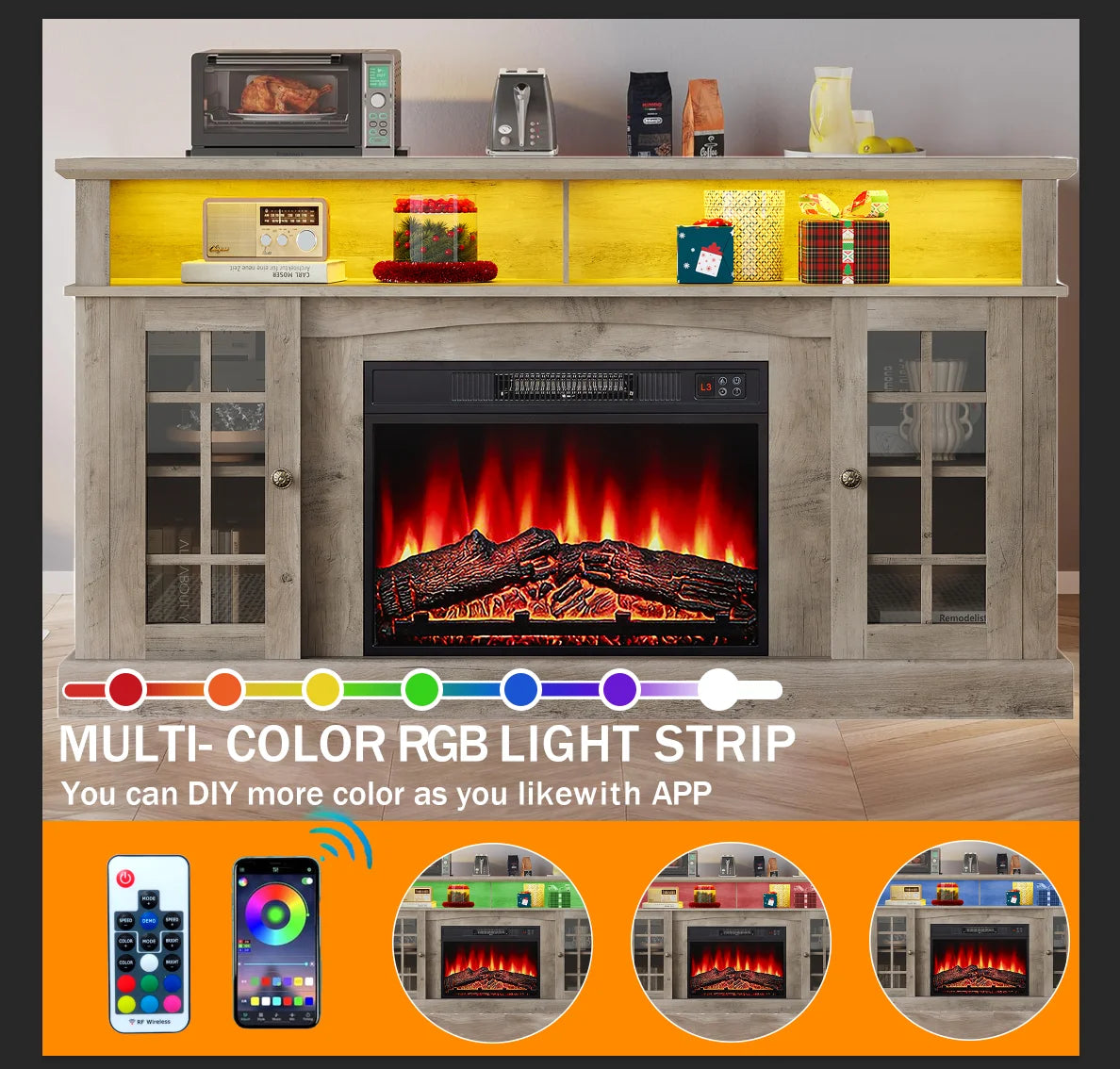 SESSLIFE Fireplace TV Stand for 65 Inch TV, TV Console with 23''Electric Fireplace, Console Entertainment Center Television Table for Living Room or Bedroom, Brown
