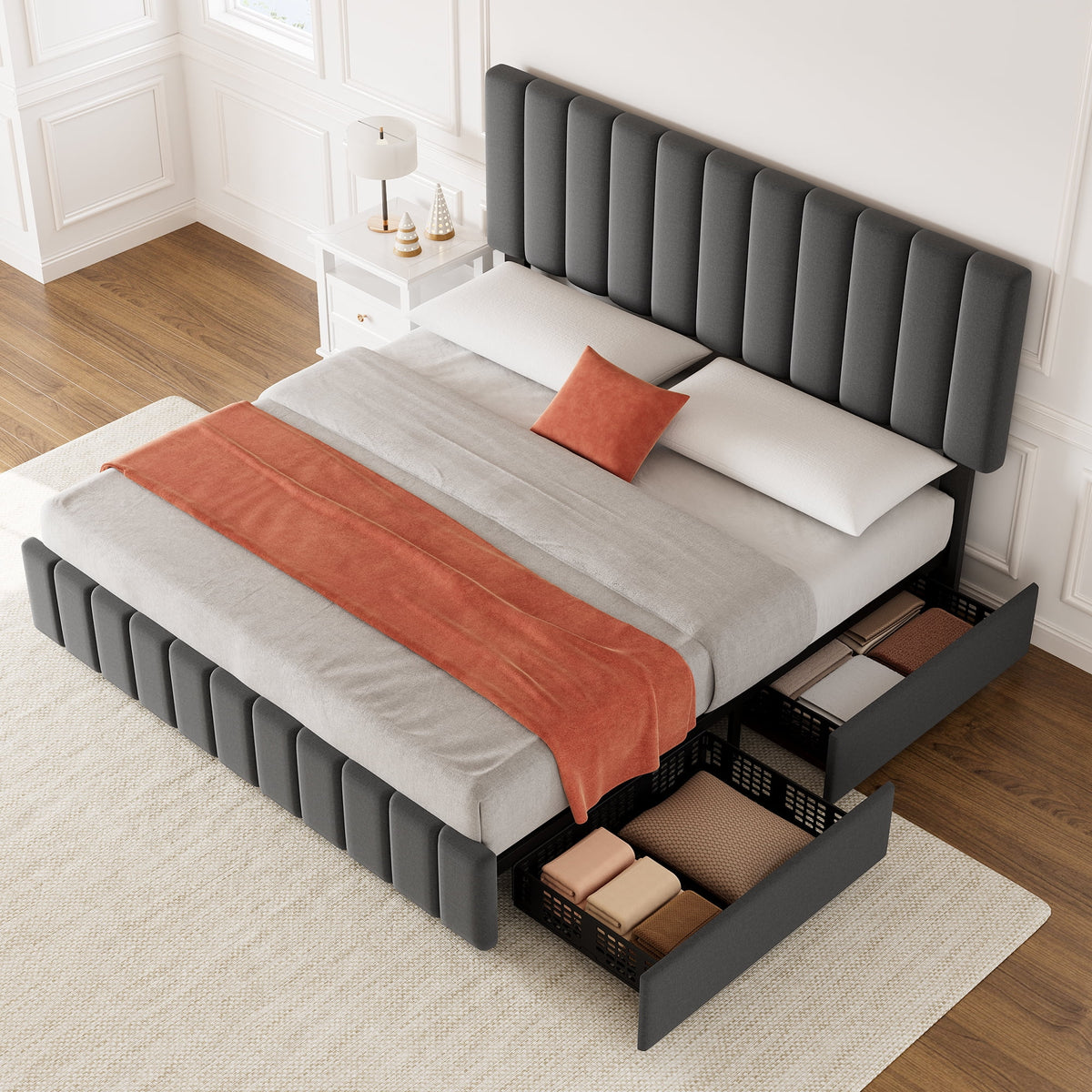 Full Size Bed Frame with 4 Storage Drawers and Adjustable Headboard, Linen Upholstered Platform Bed Frame with Wooden Slats Support, No Box Spring Needed, Dark Grey