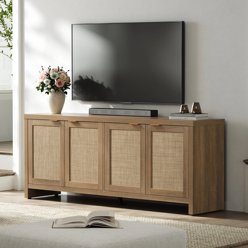 SICOTAS 61.5"W Rattan TV Stand with 4 Doors, Boho Entertainment Center with Adjustable Shelves & Spacious Countertop �C Large Boho Farmhouse Media Console for Living Room, Reclaimed Caramel Oak