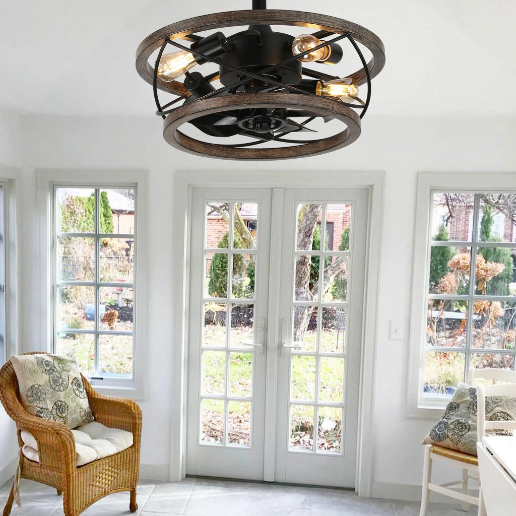18" Rustic Wood Caged Ceiling Fan with Light and Remote Control, Farmhouse 3-Speed Reversible Flush Mount Ceiling Fan