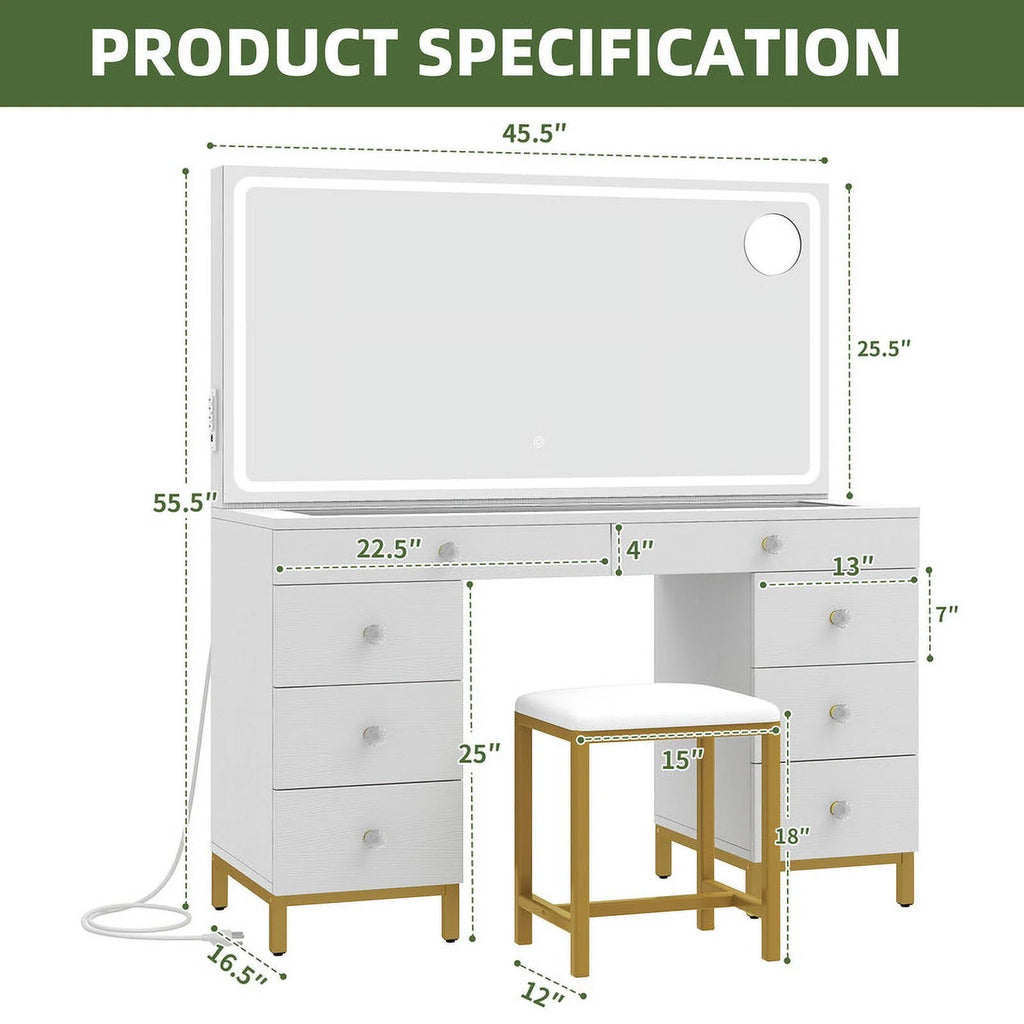 Uforic 55" Vanity Desk with Lighted Mirror & Power Outlet & 8 Drawers, Modern Makeup Vanity Table Set with Storage Stool, White