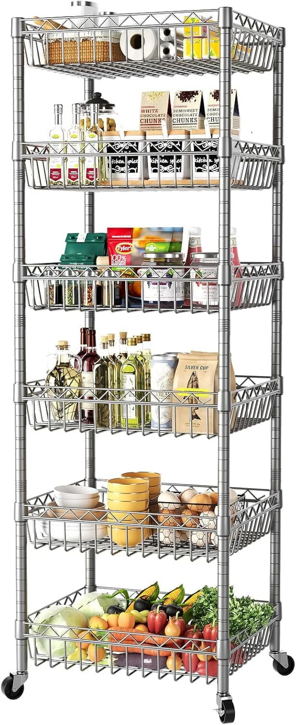 6 Tier Wire Shelving Unit with Wheels Baskets Storage Rack Corner Shelves Adjustable Shelf Closet Bathroom Organizers Metal Pantry Kitchen Garage Laundry Room 13.5" D x 13.5" W x 63" H White