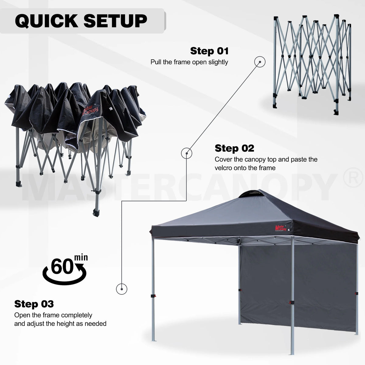 MASTERCANOPY 10' x 10' Easy Pop-up Canopy Tent Outdoor Shade Shelter with 1 Sidewall, White