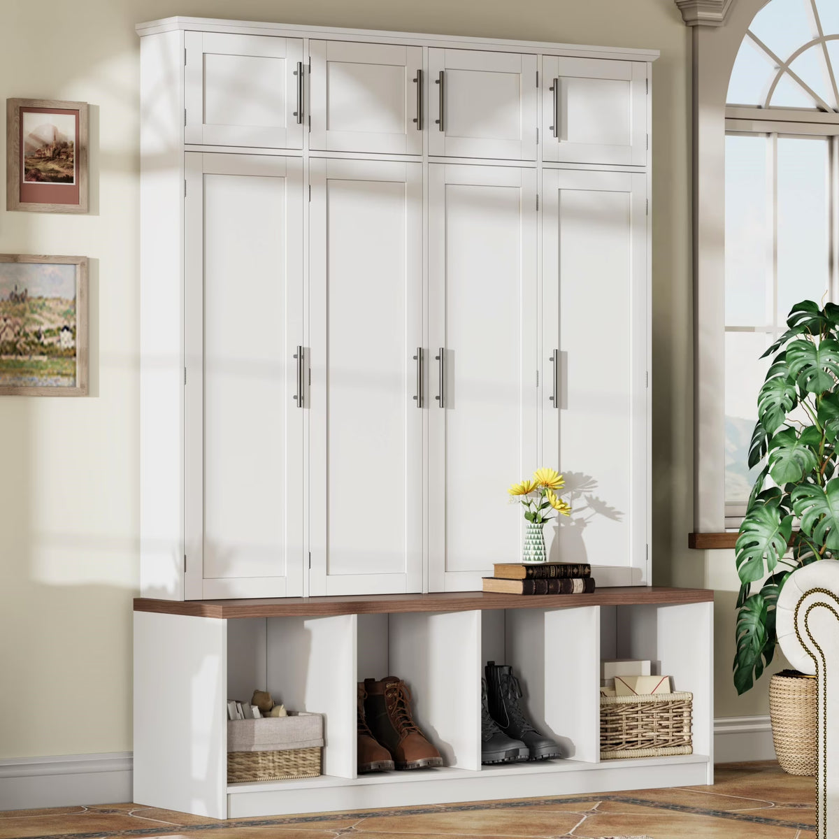 Euroco Entryway Hall Tree with Bench, Shoe Storage, Coat Hooks & Cabinets �C Walnut Finish, Anti-Tip Design, Modern Mudroom Organizer