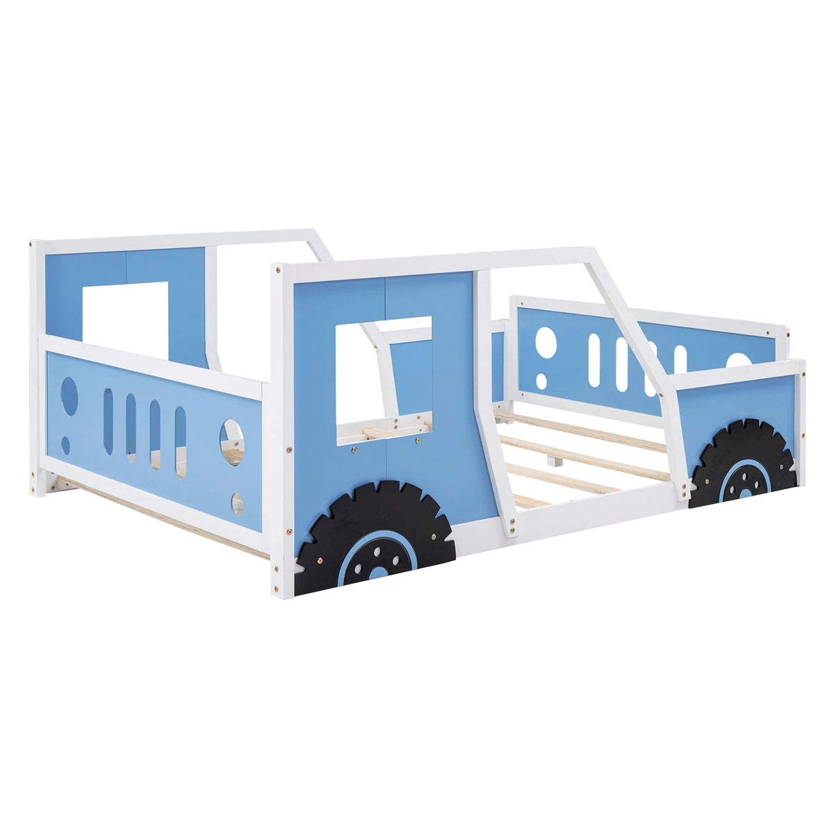 Euroco Car-Shaped Full Size Wood Platform Bed for Kids�� Bedroom, Solid Car Bed for Kids Gift, Low Profile, Blue