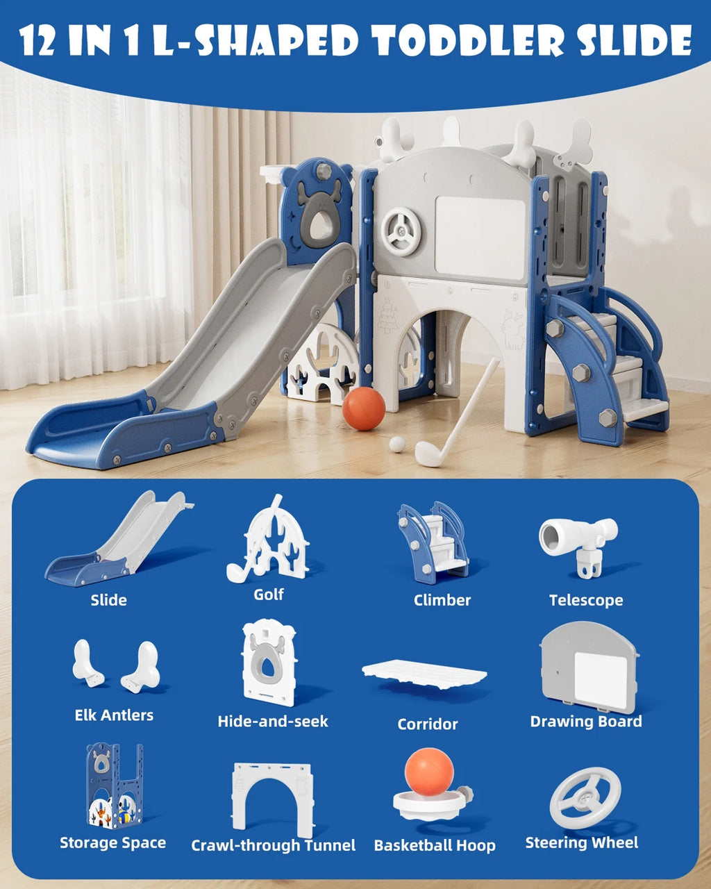 Korimefa 11-in-1 Toddler Slide Set with Golf, Basketball Hoop, Kids Slide for Toddlers Age 1-4, Climber Slip and Slides, Baby Outdoor Toys
