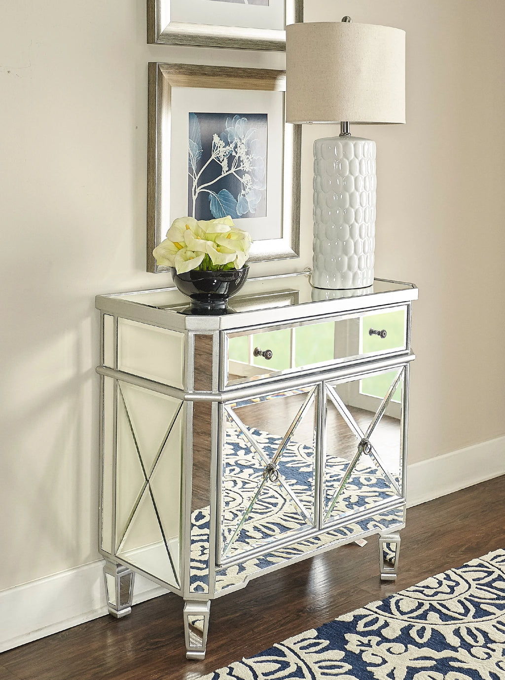 Powell Deville 2-Door Single Drawer Indoor Console Table with Shelves, Mirrored Surfaces and Luxe Silver Wood
