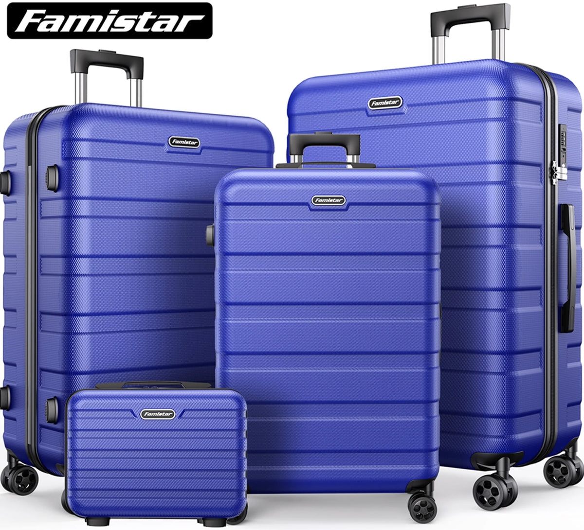 Famistar Hardside Luggage Suitcase 4 Piece Set with 360° Double Spinner Wheels Integrated TSA Lock, 14” Travel Case, 20" Carry-On Luggage, 24" Checked Luggage and 28" Checked Luggage, Blue
