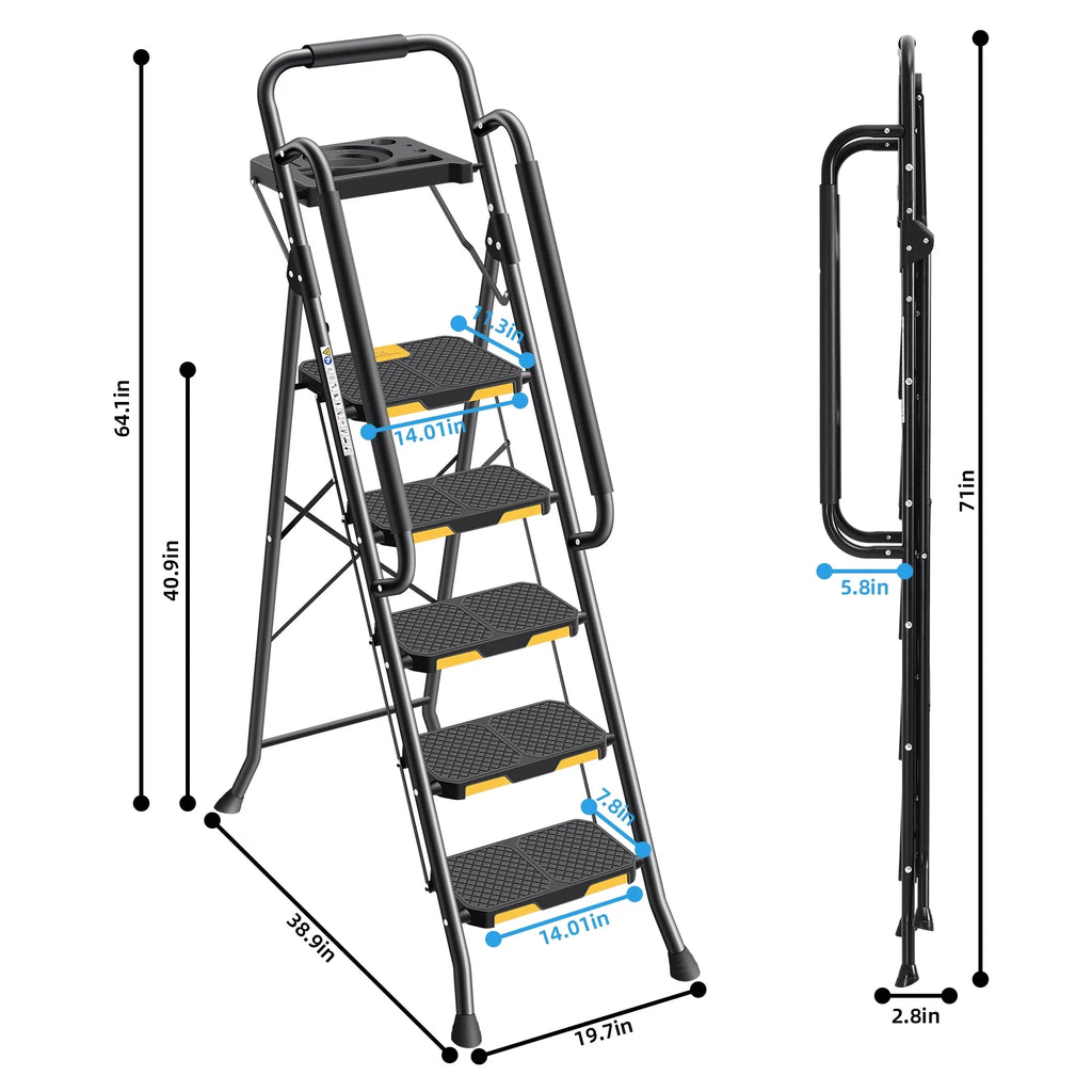 Kingrack 5 Step Folding Ladder for Adults, 800lbs Sturdy Steel  Stool Ladder with Anti-Slip Pedal&Handrail&Tool Tray for Home Kitchen Office