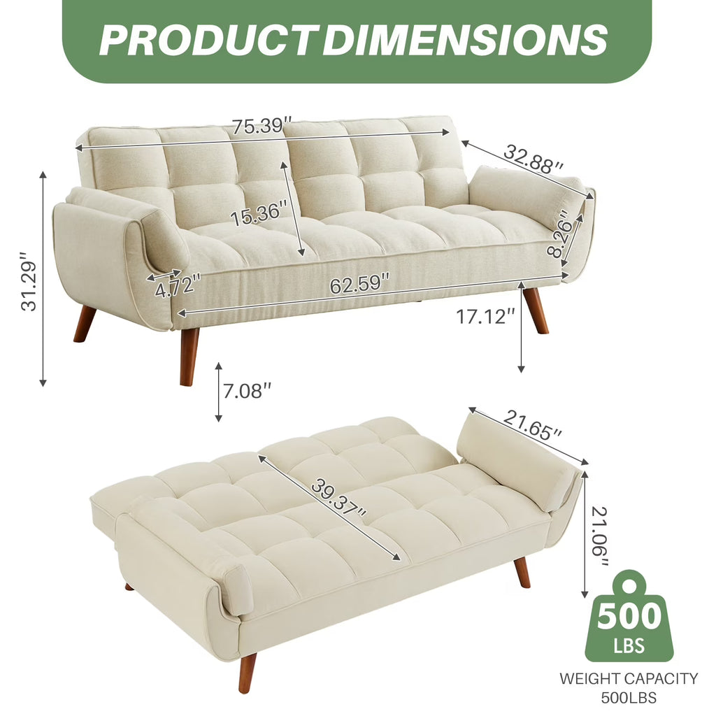MILEMONT 75.39" Futon Sofa Bed, Convertible Folding Futon Couch Recliner Lounge For Living Room With 2 Pillow/Armrest Beige