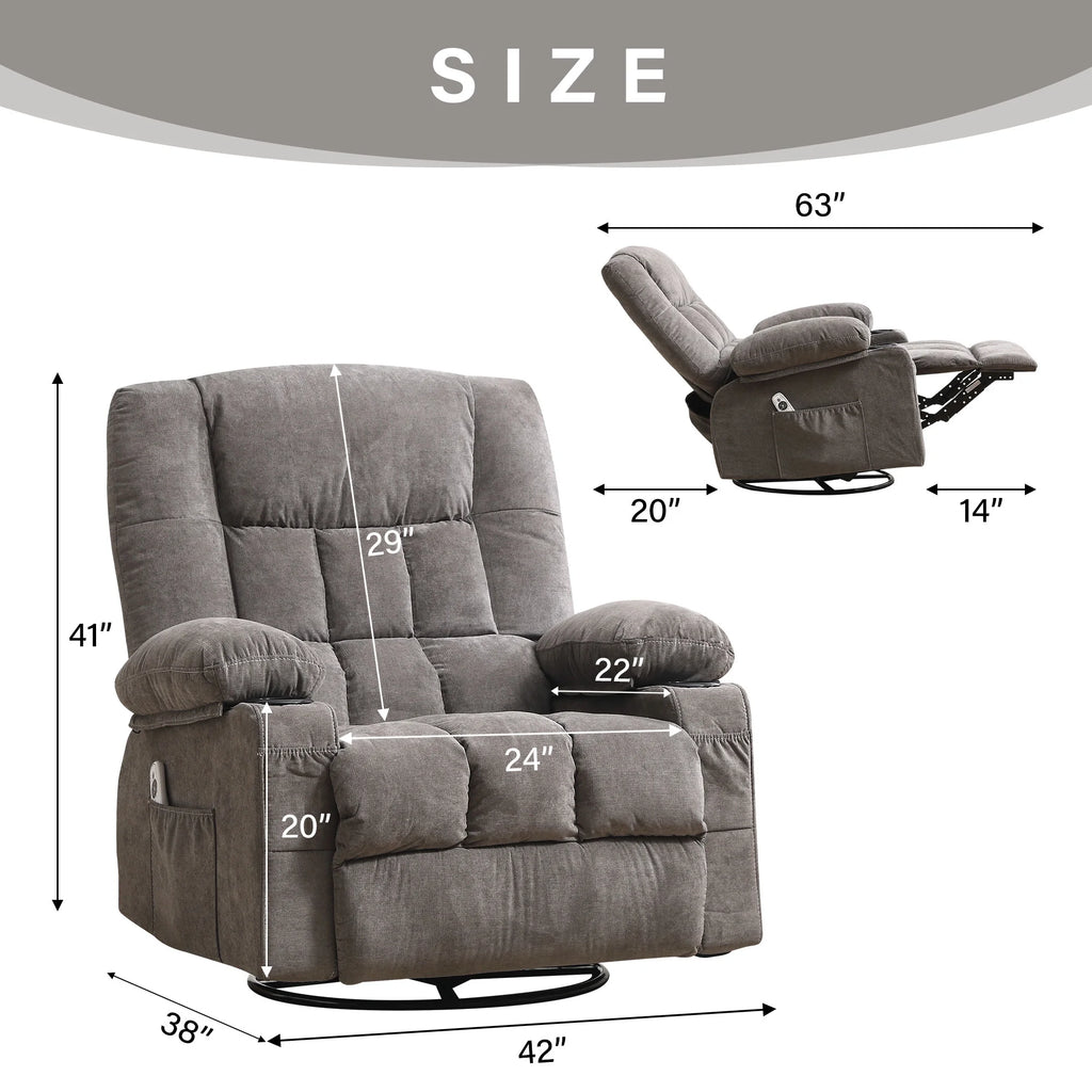 JONPONY Manual Recliner Chair with Heat Therapy and Massage Function, Heavy Duty Reclining Mechanism Massage Chair, Elderly Single Rocker Sofa with Cup Holders for Bedroom Home Theater,Blue