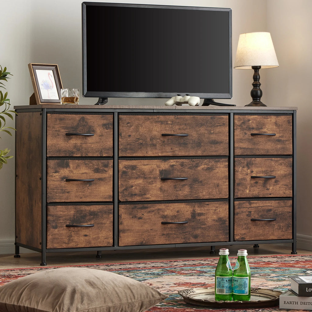 Wide Dresser TV Stand with 9 Drawers Dresser for Bedroom Chests of Drawers for Living Room, Black
