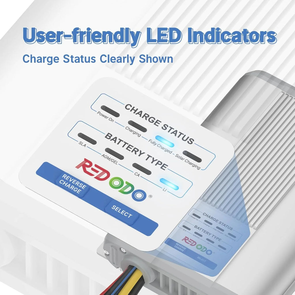 Redodo 12V 40A DC to DC Charger with MPPT, On-Board Charger for AGM, Gel, SLA, Lithium, Dual Input Battery Charger with LED Indicators&Anderson Connector, Using for RV, Camper, Van, Vehicle, Marine